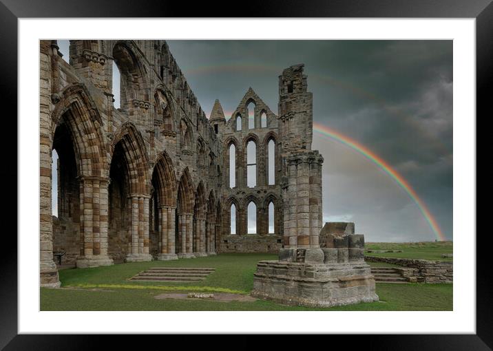Whitby Abbey with rainbow Framed Mounted Print by Tony Swain