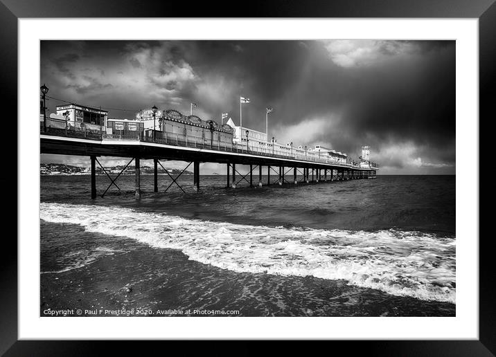 Paignton Pier in Stormy Weather Monochrome Framed Mounted Print by Paul F Prestidge