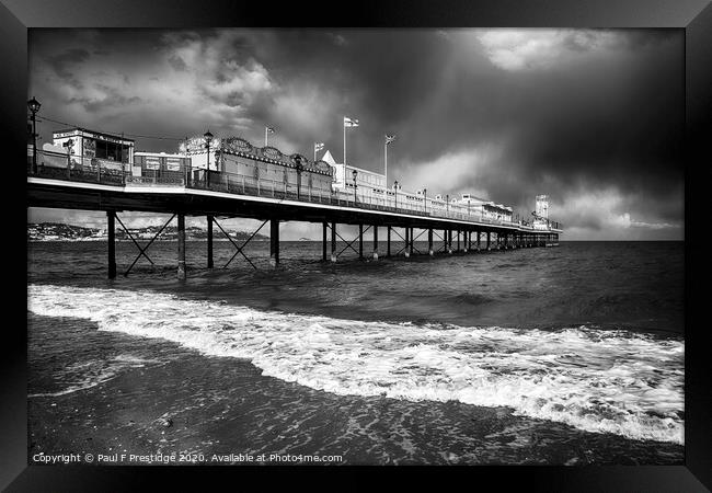 Paignton Pier in Stormy Weather Monochrome Framed Print by Paul F Prestidge