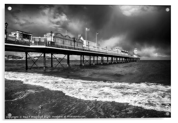 Paignton Pier in Stormy Weather Monochrome Acrylic by Paul F Prestidge