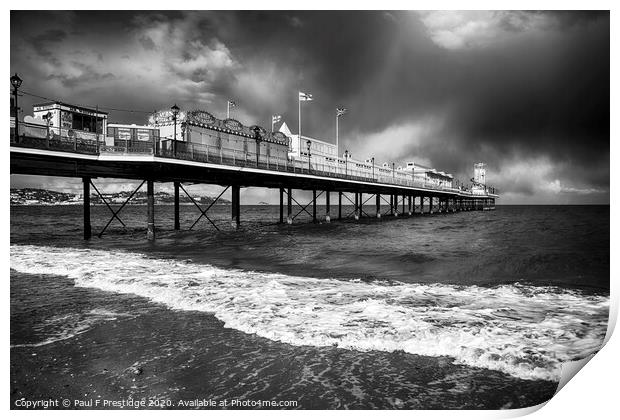 Paignton Pier in Stormy Weather Monochrome Print by Paul F Prestidge