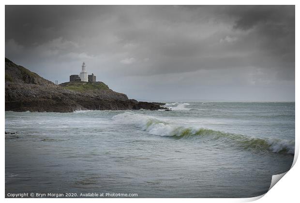 Mumbles lighthouse with wave. Print by Bryn Morgan