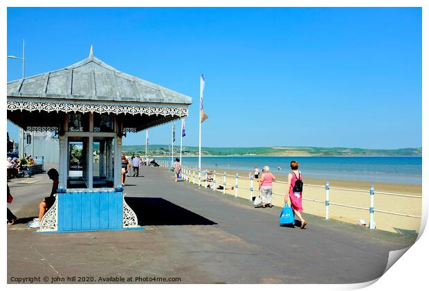 Victorian seaside shelter and beach at Weymouth in Dorset.  Print by john hill