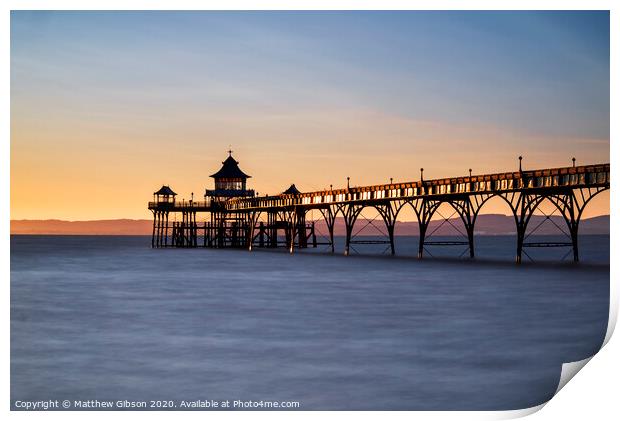 Beautiful long exposure sunset over ocean with pier silhouette Print by Matthew Gibson