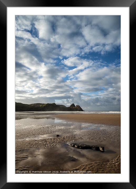 Beautiful blue sky morning landscape over sandy Three Cliffs Bay Framed Mounted Print by Matthew Gibson