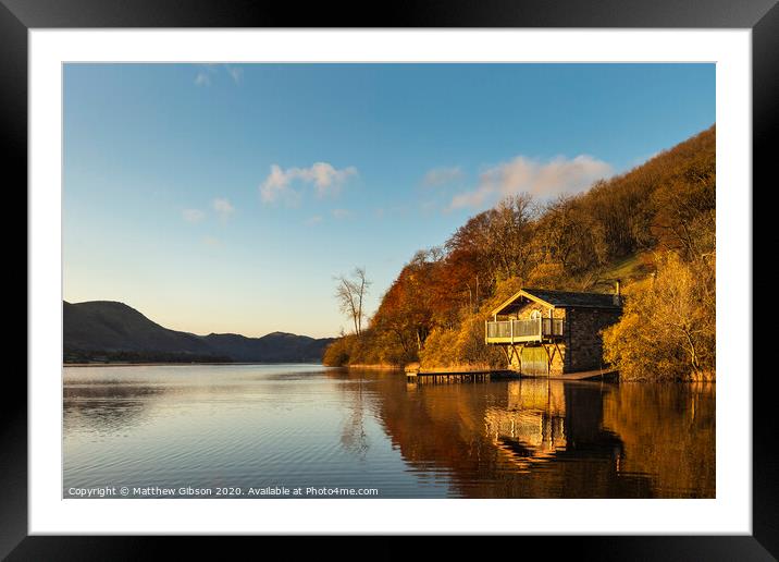Epic vibrant sunrise Autumn Fall landscape image of Ullswater in Lake District with golden sunlight Framed Mounted Print by Matthew Gibson