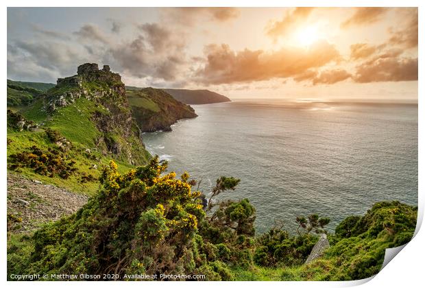 Beautiful evening sunset landscape image of Valley of The Rocks in Devon England Print by Matthew Gibson
