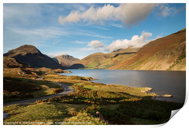 Beautiful late Summer landscape image of Wasdale Valley in Lake District, looking towards Scafell Pike, Great Gable and Kirk Fell mountain range Print by Matthew Gibson