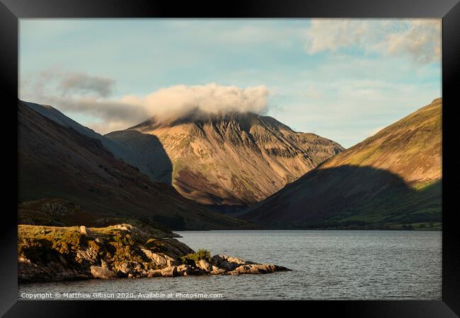 Beautiful late Summer landscape image of Wasdale Valley in Lake District, looking towards Scafell Pike, Great Gable and Kirk Fell mountain range Framed Print by Matthew Gibson