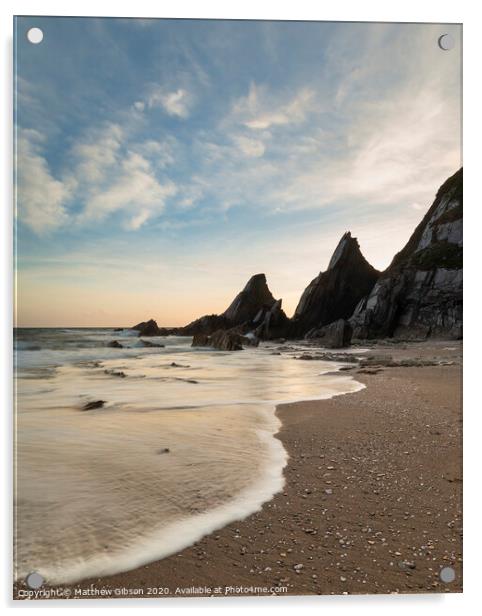Stunning sunset landscape image of Westcombe Beach in Devon England with jagged rocks on beach and stunning cloud formations Acrylic by Matthew Gibson