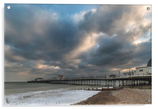 Beautiful long exposure sunset landscape image of pier at sea in Worthing England Acrylic by Matthew Gibson