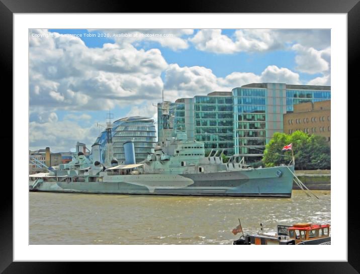 HMS Belfast and City Hall, London Framed Mounted Print by Laurence Tobin