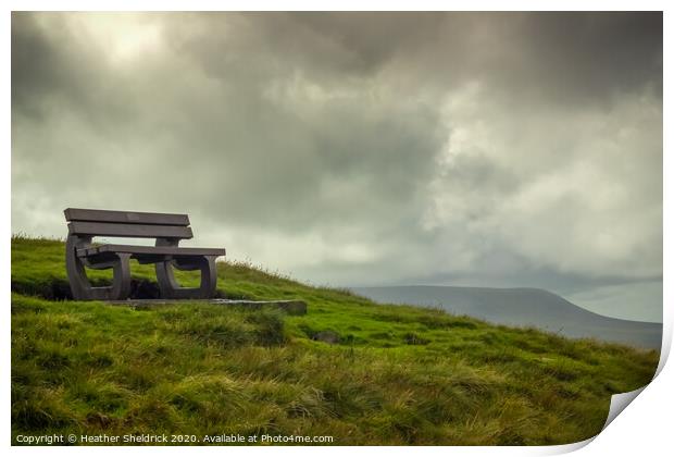 Bench overlooking Pendle Hill in Lancashire Print by Heather Sheldrick