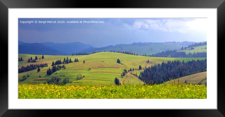 Beautiful panorama of the Carpathian Mountains in summer sunlight pours on a green grassy hill illuminating the way along a dirt rural road Framed Mounted Print by Sergii Petruk