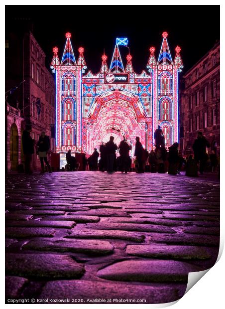 Virgin money Street of Light in Edinburgh Print by Karol Kozlowski