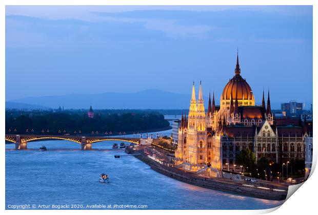 Parliament Building in Budapest at Evening Print by Artur Bogacki