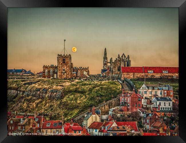 Whitby's 199 Steps to the Abbey and the Moon Framed Print by Inca Kala