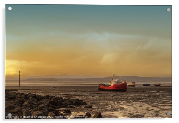 Morecambe Bay Boats At Sunset Acrylic by Heather Sheldrick