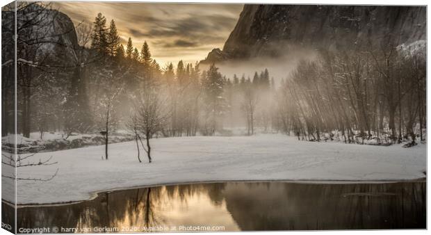 Mist and snow on the Merced River, Yosemite Canvas Print by harry van Gorkum