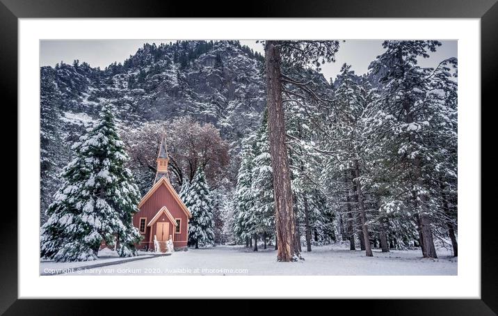 Yosemite Chapel in the snow Framed Mounted Print by harry van Gorkum