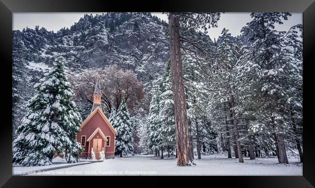 Yosemite Chapel in the snow Framed Print by harry van Gorkum
