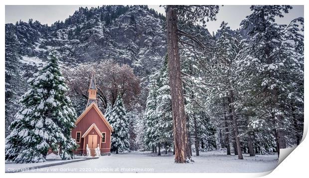Yosemite Chapel in the snow Print by harry van Gorkum