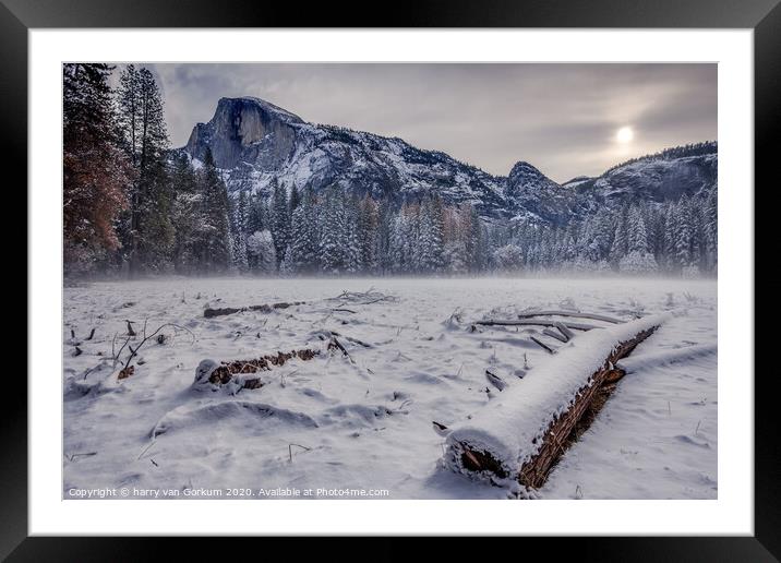 Half Dome in Yosemite in snow with fall trees in t Framed Mounted Print by harry van Gorkum