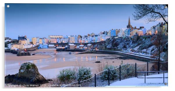 Snow in Tenby at twilight Acrylic by Chris Warren