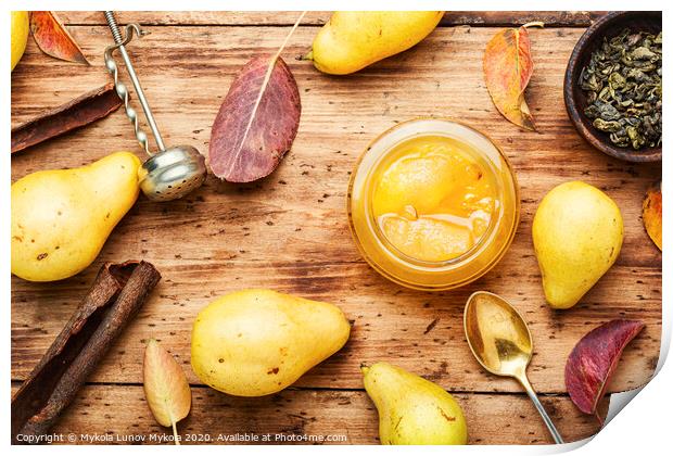 Homemade pear jam on wooden table Print by Mykola Lunov Mykola
