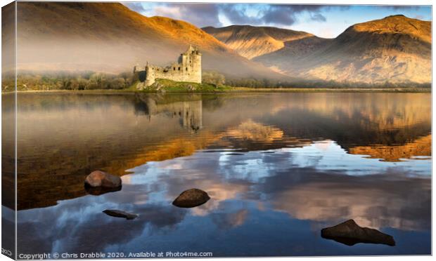 Kilchurn Castle at dawn reflected in Lock Awe Canvas Print by Chris Drabble