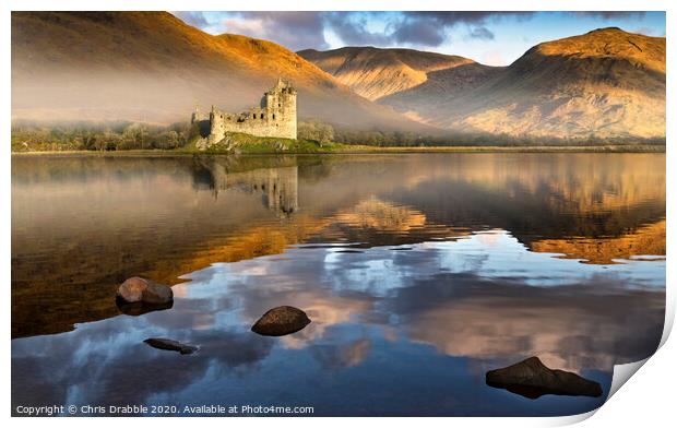 Kilchurn Castle at dawn reflected in Lock Awe Print by Chris Drabble