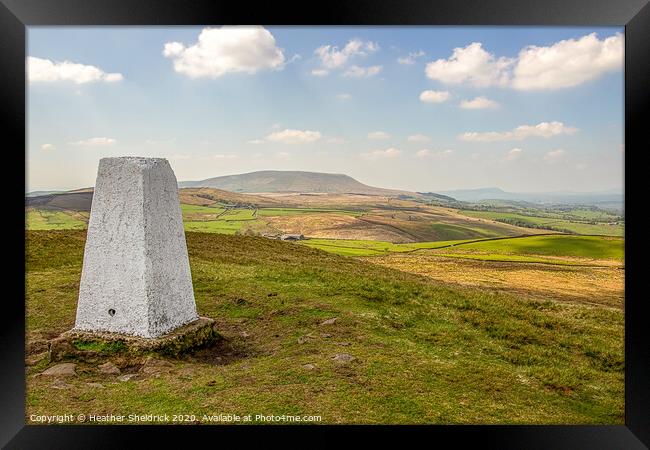 Trig Point on Weets Hill with Pendle Hill in Background Framed Print by Heather Sheldrick