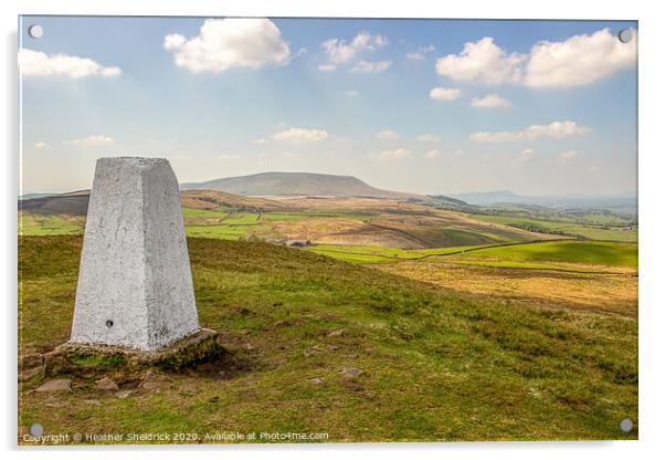 Trig Point on Weets Hill with Pendle Hill in Background Acrylic by Heather Sheldrick