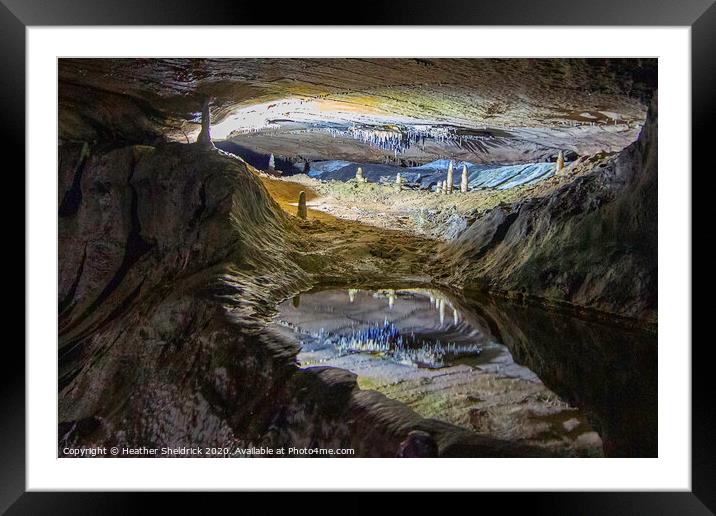 Ingleborough: Stalactites and Stalagmites reflections in cave pool Framed Mounted Print by Heather Sheldrick