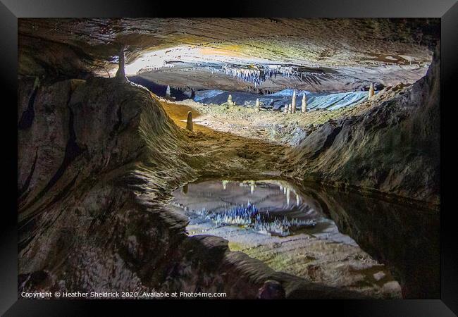 Ingleborough: Stalactites and Stalagmites reflections in cave pool Framed Print by Heather Sheldrick