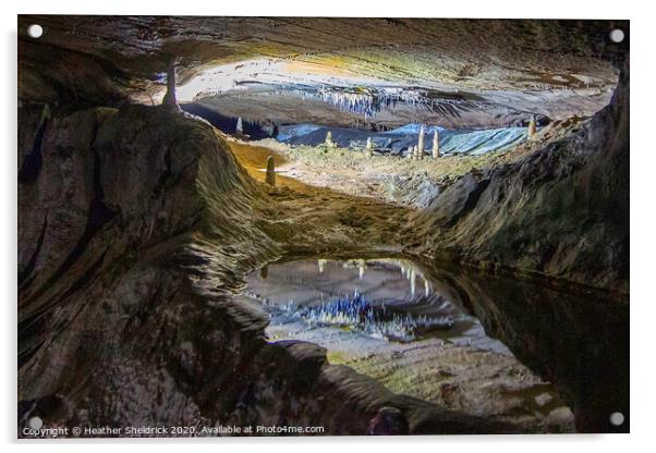 Ingleborough: Stalactites and Stalagmites reflections in cave pool Acrylic by Heather Sheldrick