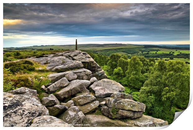 Birchen Edge and Nelson's Monument at sunset Print by Chris Drabble