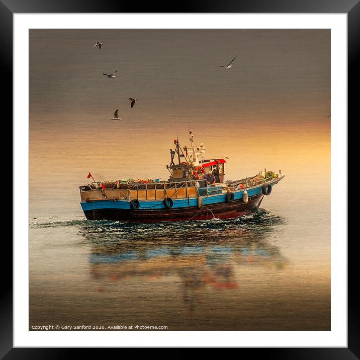 Reflections of a Vigo Mussel Boat Framed Mounted Print by Gary Sanford