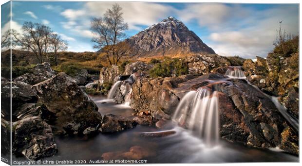 Buachaille Etive Mor with River Coupall waterfalls Canvas Print by Chris Drabble