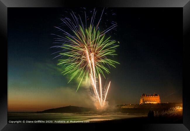 Fireworks on Fistral Beach, Newquay Framed Print by Diane Griffiths