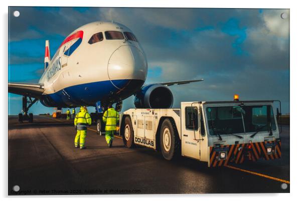 787 dreamliner and tow team Acrylic by Peter Thomas