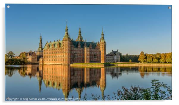 The Royal Frederiksborg Castle in a mirror-gloss reflection at surise  Acrylic by Stig Alenäs