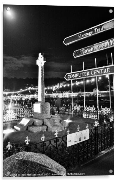Looe War Memorial At Night. Acrylic by Neil Mottershead