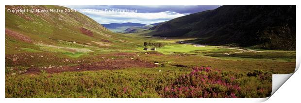 A Panoramic image of Glen Esk, Invermark, Scotland  Print by Navin Mistry