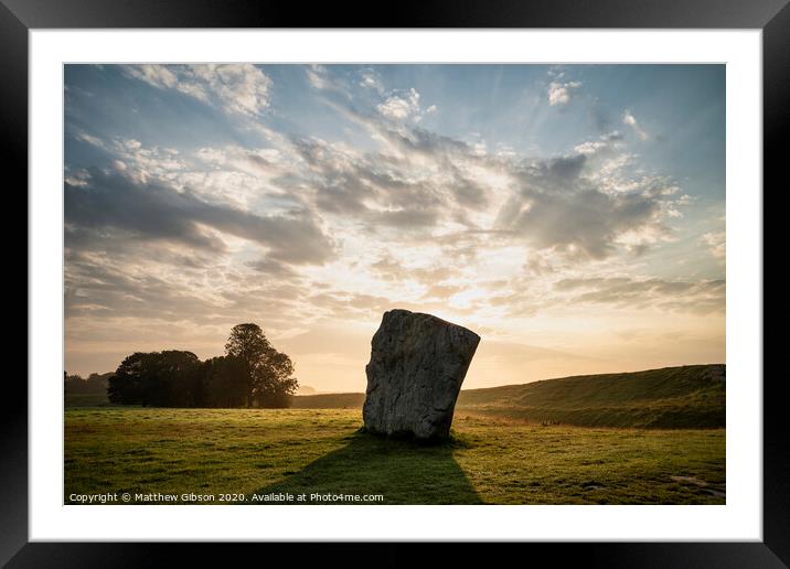 Stunning Summer sunrise landscape of Neolithic standing stones in English cluntryside with gorgeous light with slight background mist Framed Mounted Print by Matthew Gibson