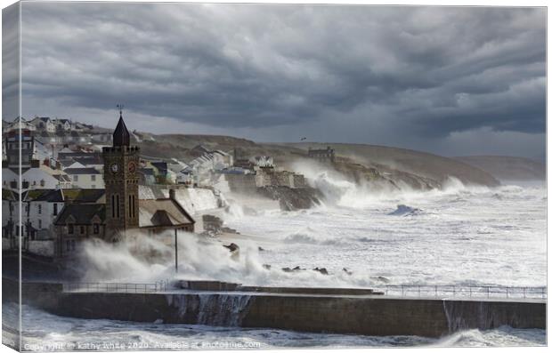 Porthleven harbour with Clock tower,Storm Canvas Print by kathy white