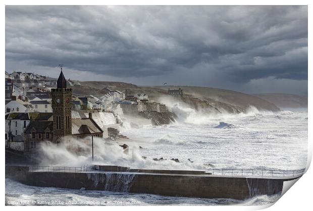 Porthleven harbour with Clock tower,Storm Print by kathy white