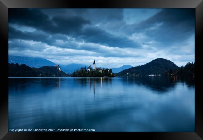 Dusk over Lake Bled Framed Print by Ian Middleton