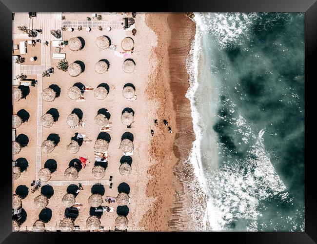 Beach People, Aerial Photography, Coastal Ocean Wall Art Print, Ocean Sea Framed Art Print Framed Print by Radu Bercan