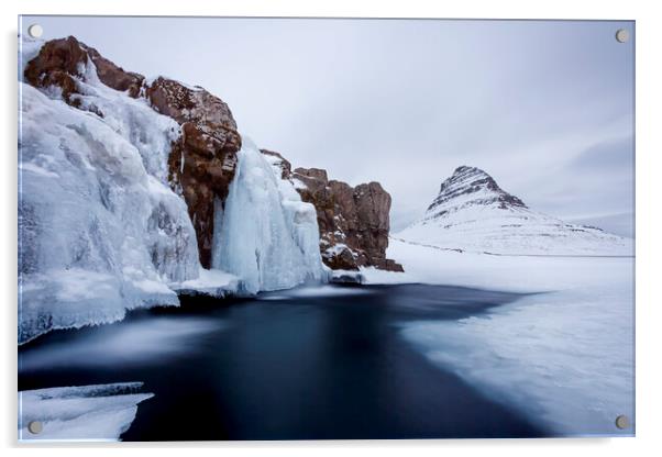 Frozen Waterfall Kirkjufellsfoss in Winter, Iceland Acrylic by Arterra 